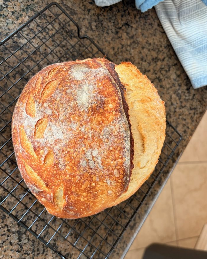 A round sourdough loaf on a cooling rack, dusted with flour and scored with a wheat pattern that has opened into a deep golden ear.